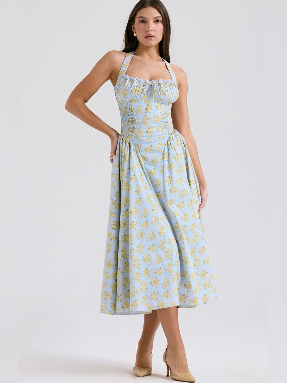 š©·Firm Priceš©·Adabella soft blue vintage floral print cotton halter sundress - Picture 11 of 16